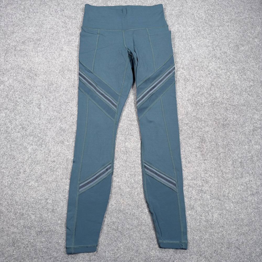 Athleta XXS Blue Teal Mesh Striped High Rise Leggings 291771-02 Pocket Yoga